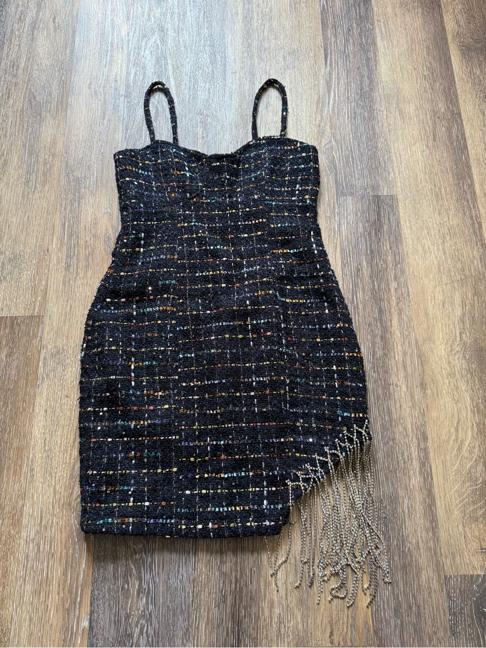 VENUS Tweed Mini Dress Rhinestone Fringe Black Multicolor Bodycon XS